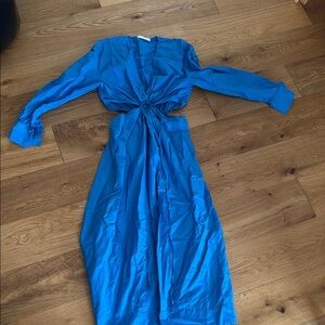 Mango Blue Wrap Tie Front Gown with Bishop Sleeves